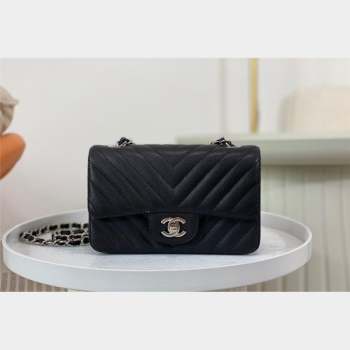 Chanel Chevron Grained Calfskin Mini Classic Flap Bag Black Silver 2023 A01116 1020 (SM-231020086)