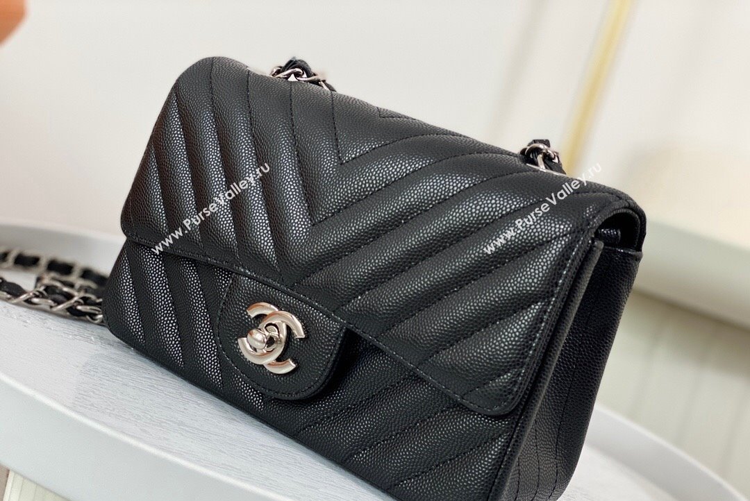 Chanel Chevron Grained Calfskin Mini Classic Flap Bag Black Silver 2023 A01116 1020 (SM-231020086)