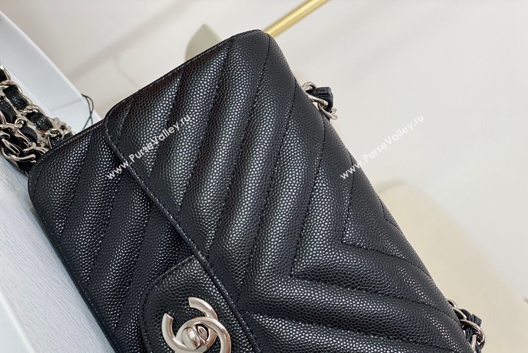 Chanel Chevron Grained Calfskin Mini Classic Flap Bag Black Silver 2023 A01116 1020 (SM-231020086)