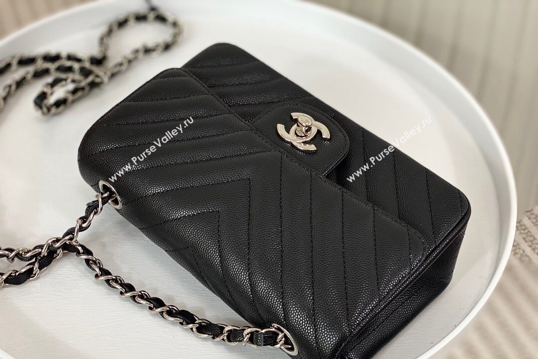 Chanel Chevron Grained Calfskin Mini Classic Flap Bag Black Silver 2023 A01116 1020 (SM-231020086)