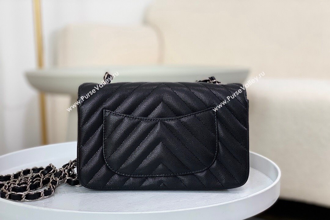 Chanel Chevron Grained Calfskin Mini Classic Flap Bag Black Silver 2023 A01116 1020 (SM-231020086)