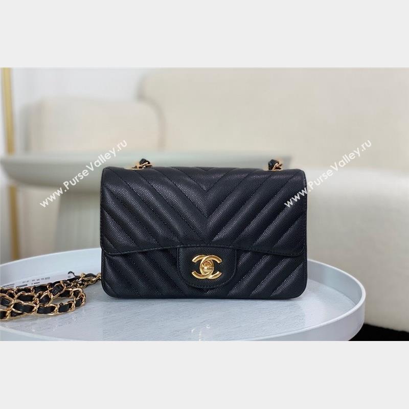 Chanel Chevron Grained Calfskin Mini Classic Flap Bag Black Gold 2023 A01116 1020 (SM-231020087)