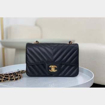 Chanel Chevron Grained Calfskin Mini Classic Flap Bag Black Gold 2023 A01116 1020 (SM-231020087)