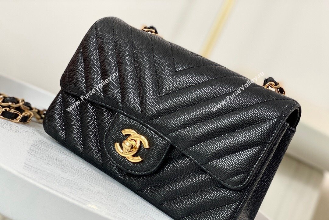 Chanel Chevron Grained Calfskin Mini Classic Flap Bag Black Gold 2023 A01116 1020 (SM-231020087)