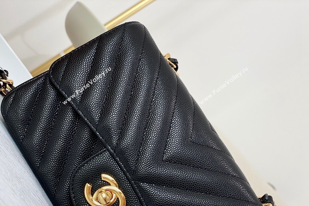 Chanel Chevron Grained Calfskin Mini Classic Flap Bag Black Gold 2023 A01116 1020 (SM-231020087)