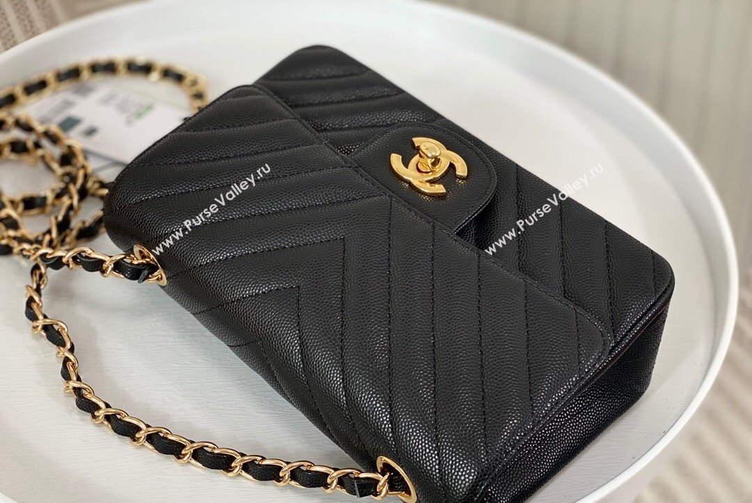 Chanel Chevron Grained Calfskin Mini Classic Flap Bag Black Gold 2023 A01116 1020 (SM-231020087)