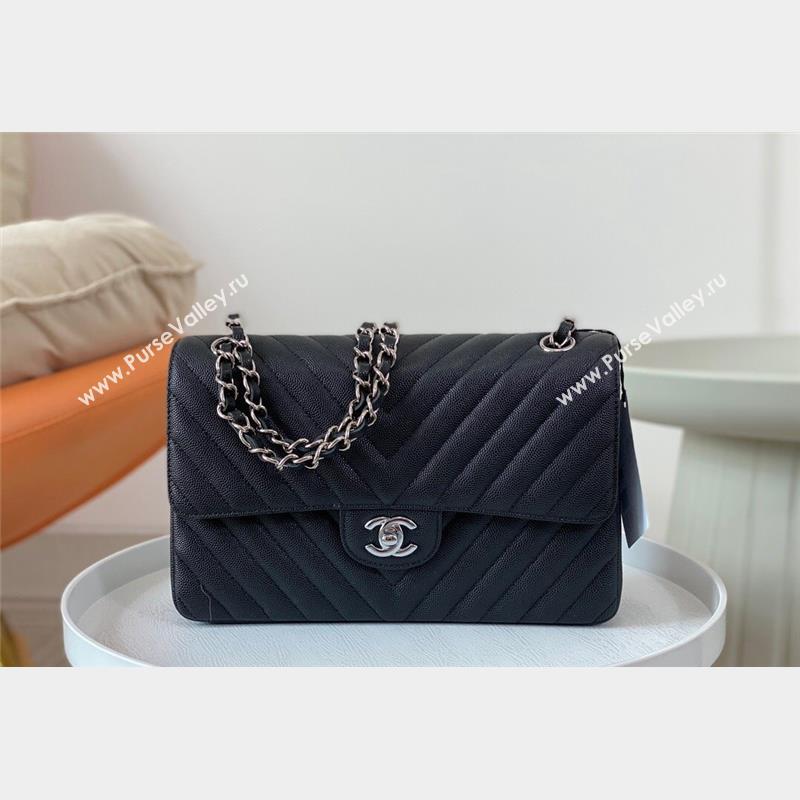 Chanel Chevron Grained Calfskin Medium Classic Flap Bag Black Silver 2023 A01112 1020 (SM-231020084)