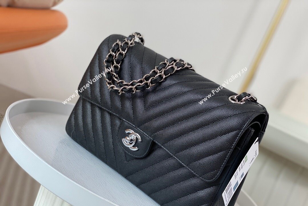 Chanel Chevron Grained Calfskin Medium Classic Flap Bag Black Silver 2023 A01112 1020 (SM-231020084)