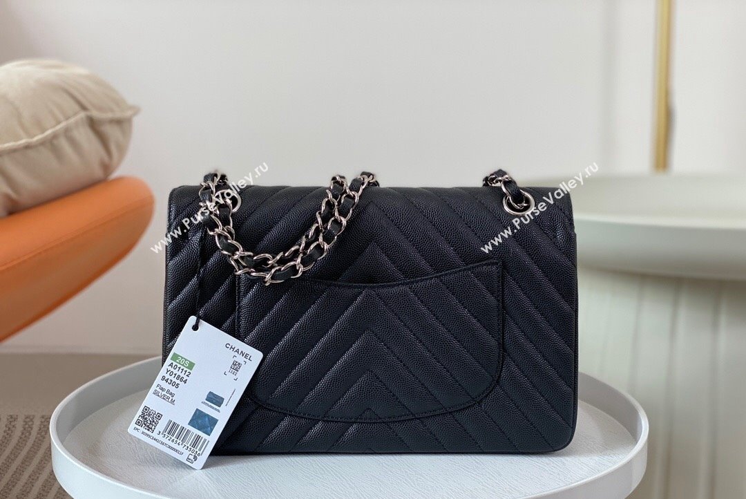 Chanel Chevron Grained Calfskin Medium Classic Flap Bag Black Silver 2023 A01112 1020 (SM-231020084)