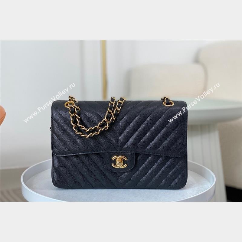 Chanel Chevron Grained Calfskin Medium Classic Flap Bag Black Gold 2023 A01112 1020 (SM-231020085)