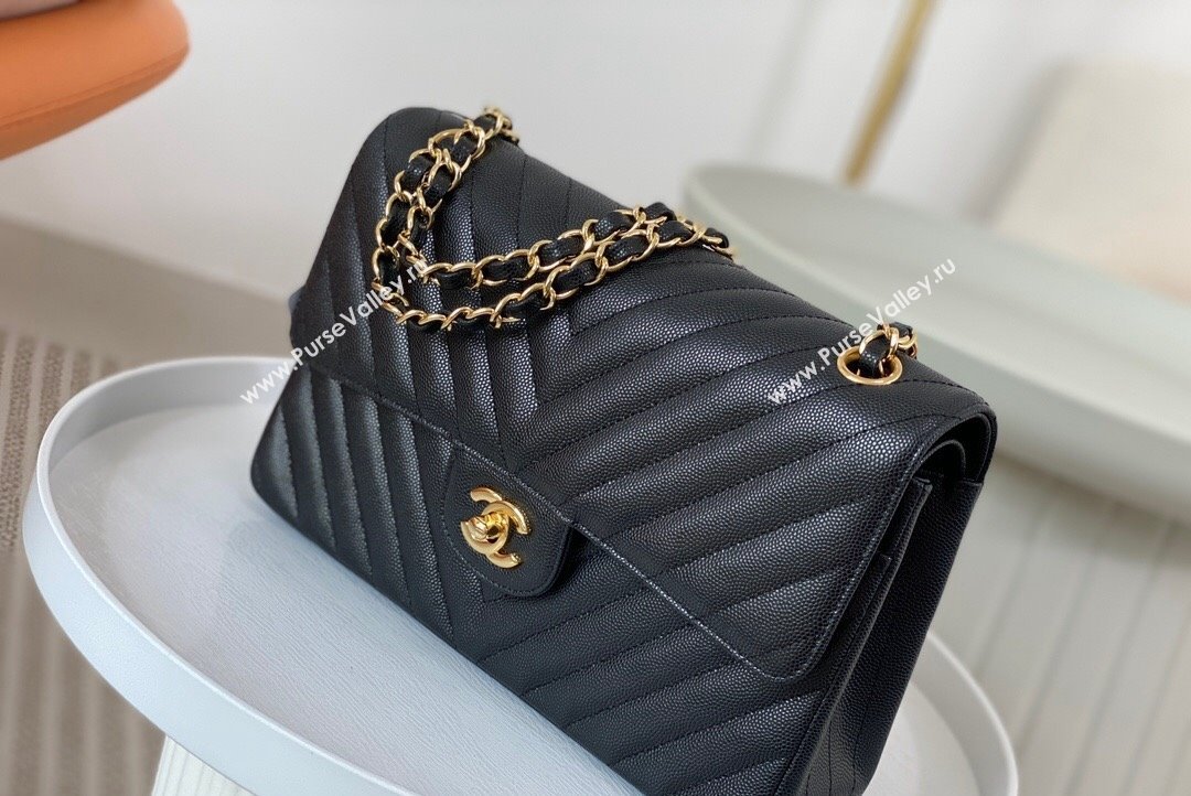 Chanel Chevron Grained Calfskin Medium Classic Flap Bag Black Gold 2023 A01112 1020 (SM-231020085)