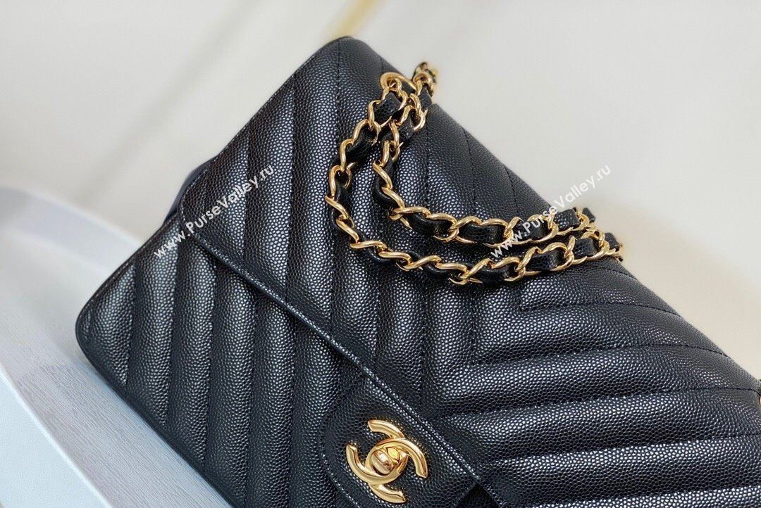 Chanel Chevron Grained Calfskin Medium Classic Flap Bag Black Gold 2023 A01112 1020 (SM-231020085)