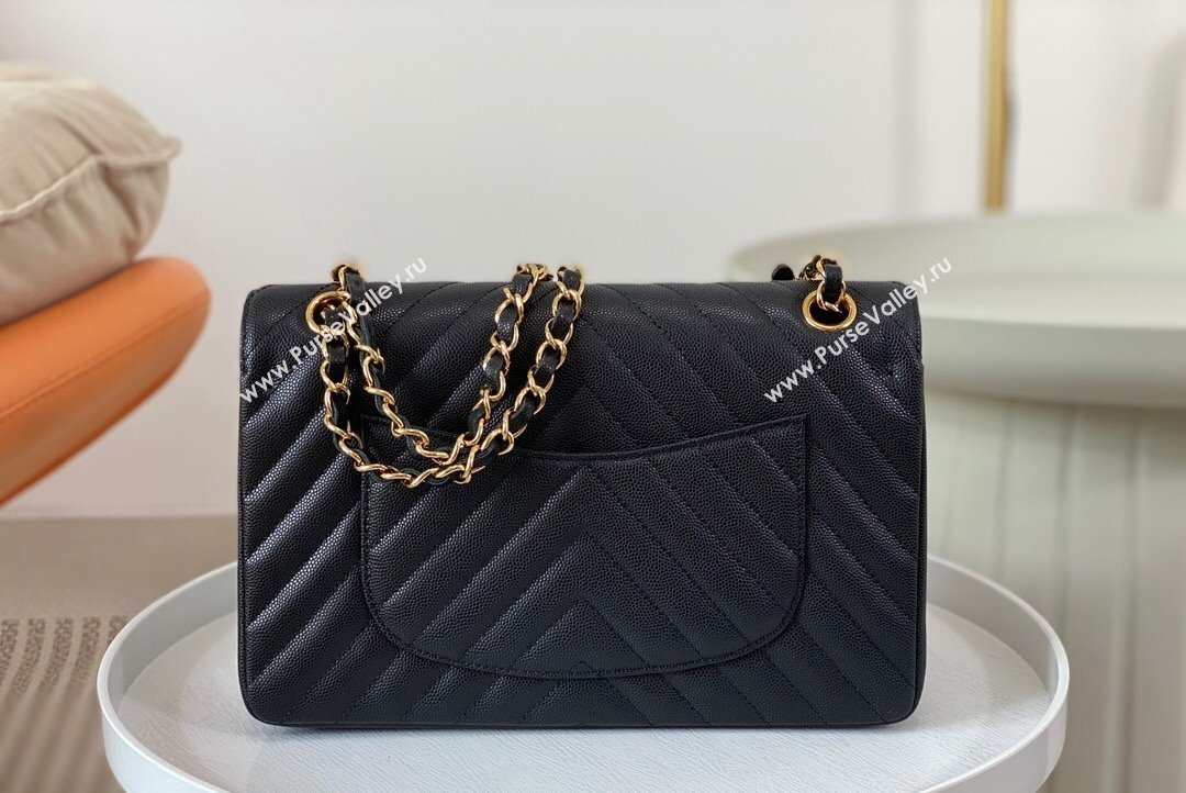 Chanel Chevron Grained Calfskin Medium Classic Flap Bag Black Gold 2023 A01112 1020 (SM-231020085)