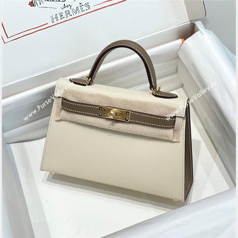 Hermes Mini Kelly II Bag 19cm in Epsom Leather Cream White/Elephant Grey 2023 ( Half Handmade) (FL-231101077)