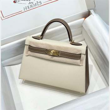 Hermes Mini Kelly II Bag 19cm in Epsom Leather Cream White/Elephant Grey 2023 ( Half Handmade) (FL-231101077)