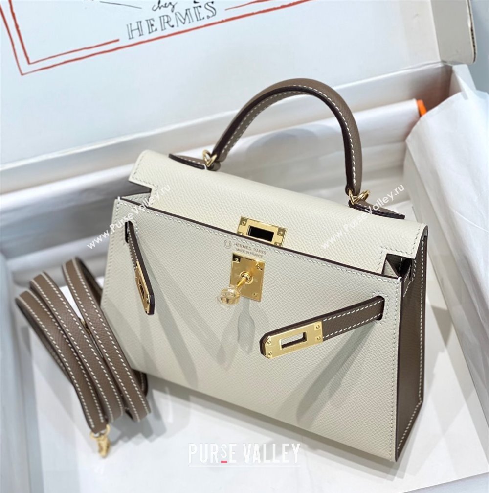 Hermes Mini Kelly II Bag 19cm in Epsom Leather Cream White/Elephant Grey 2023 ( Half Handmade) (FL-231101077)