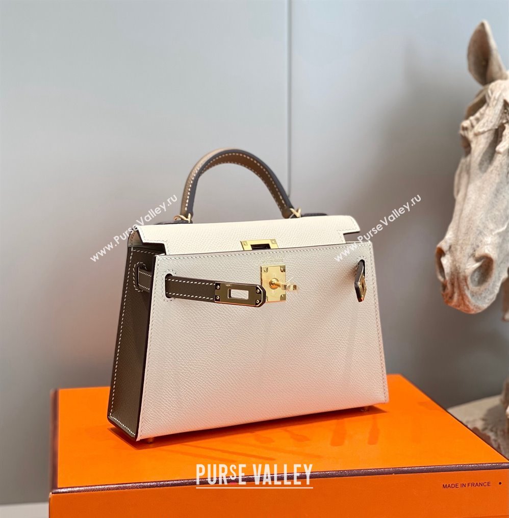 Hermes Mini Kelly II Bag 19cm in Epsom Leather Cream White/Elephant Grey 2023 ( Half Handmade) (FL-231101077)