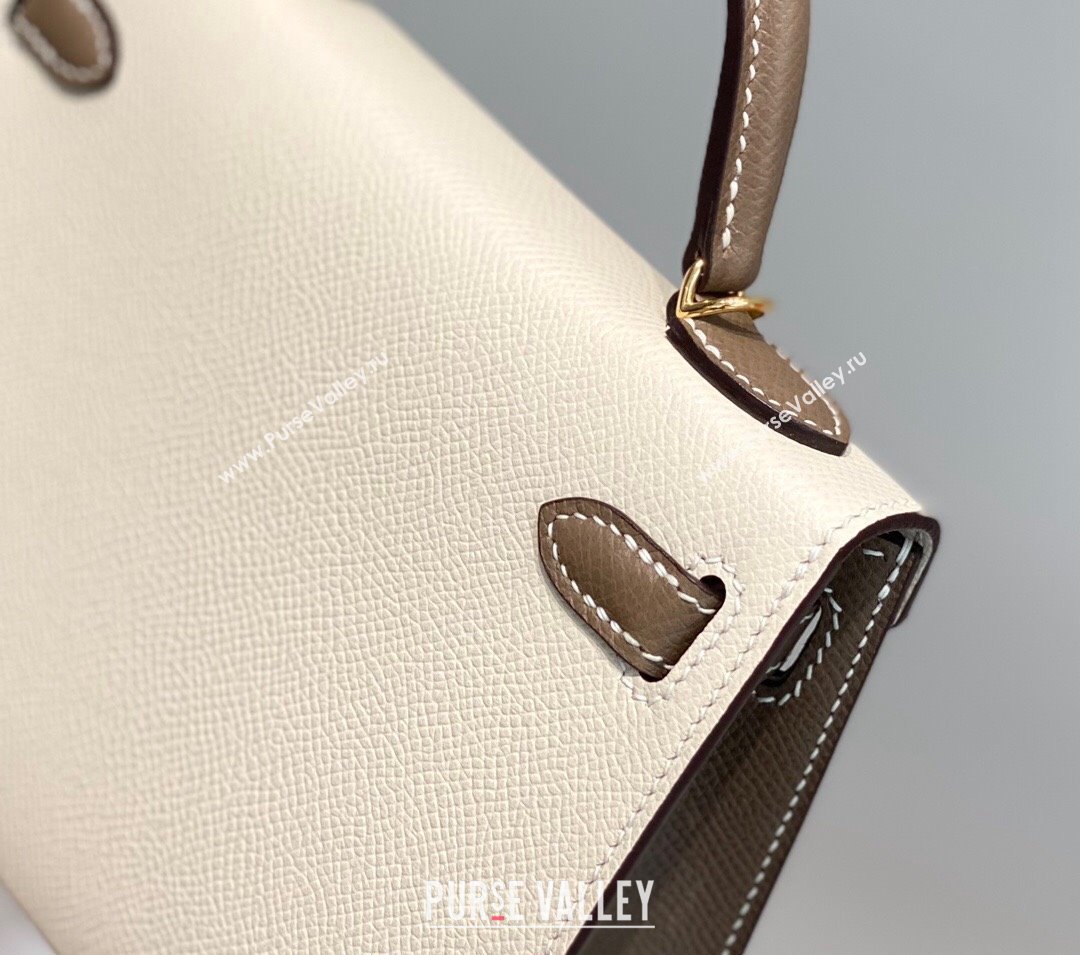 Hermes Mini Kelly II Bag 19cm in Epsom Leather Cream White/Elephant Grey 2023 ( Half Handmade) (FL-231101077)