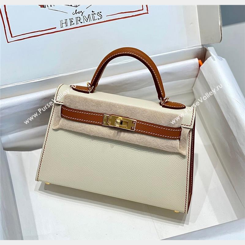 Hermes Mini Kelly II Bag 19cm in Epsom Leather Cream White/Brown 2023 ( Half Handmade) (FL-231101078)