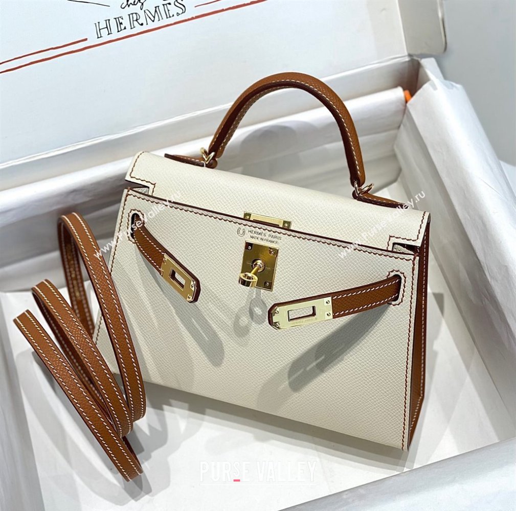 Hermes Mini Kelly II Bag 19cm in Epsom Leather Cream White/Brown 2023 ( Half Handmade) (FL-231101078)