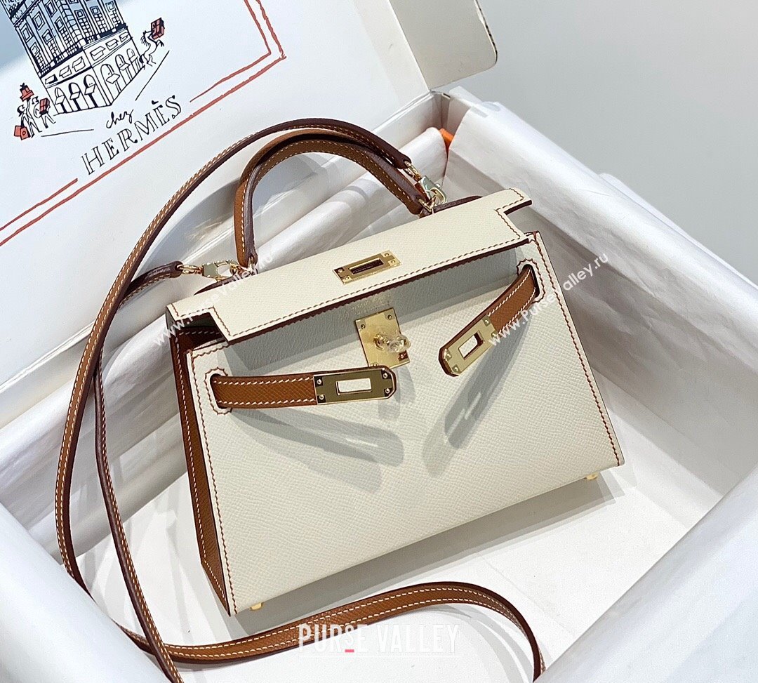 Hermes Mini Kelly II Bag 19cm in Epsom Leather Cream White/Brown 2023 ( Half Handmade) (FL-231101078)