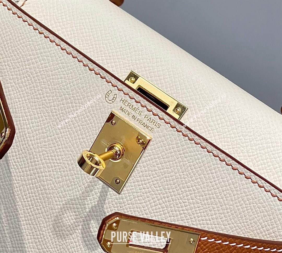 Hermes Mini Kelly II Bag 19cm in Epsom Leather Cream White/Brown 2023 ( Half Handmade) (FL-231101078)