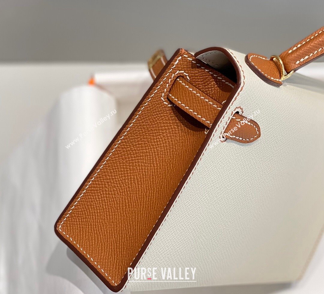 Hermes Mini Kelly II Bag 19cm in Epsom Leather Cream White/Brown 2023 ( Half Handmade) (FL-231101078)