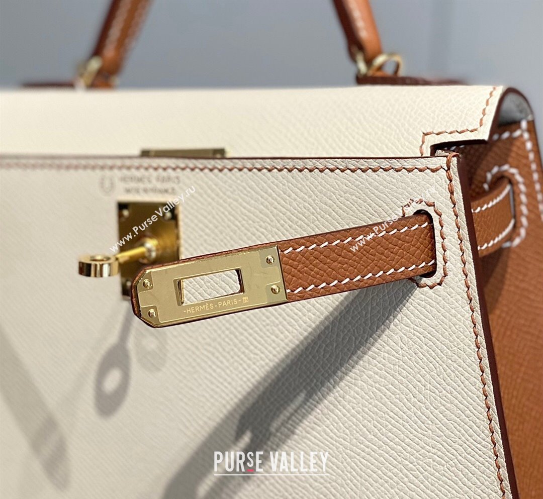 Hermes Mini Kelly II Bag 19cm in Epsom Leather Cream White/Brown 2023 ( Half Handmade) (FL-231101078)