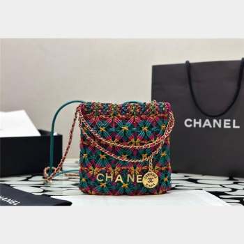 Chanel 22 Calfskin Macrame Mini Shopping Bag AS3980 Dark Green/Dark Pink/Yellow 2023 (yezi-231031001)