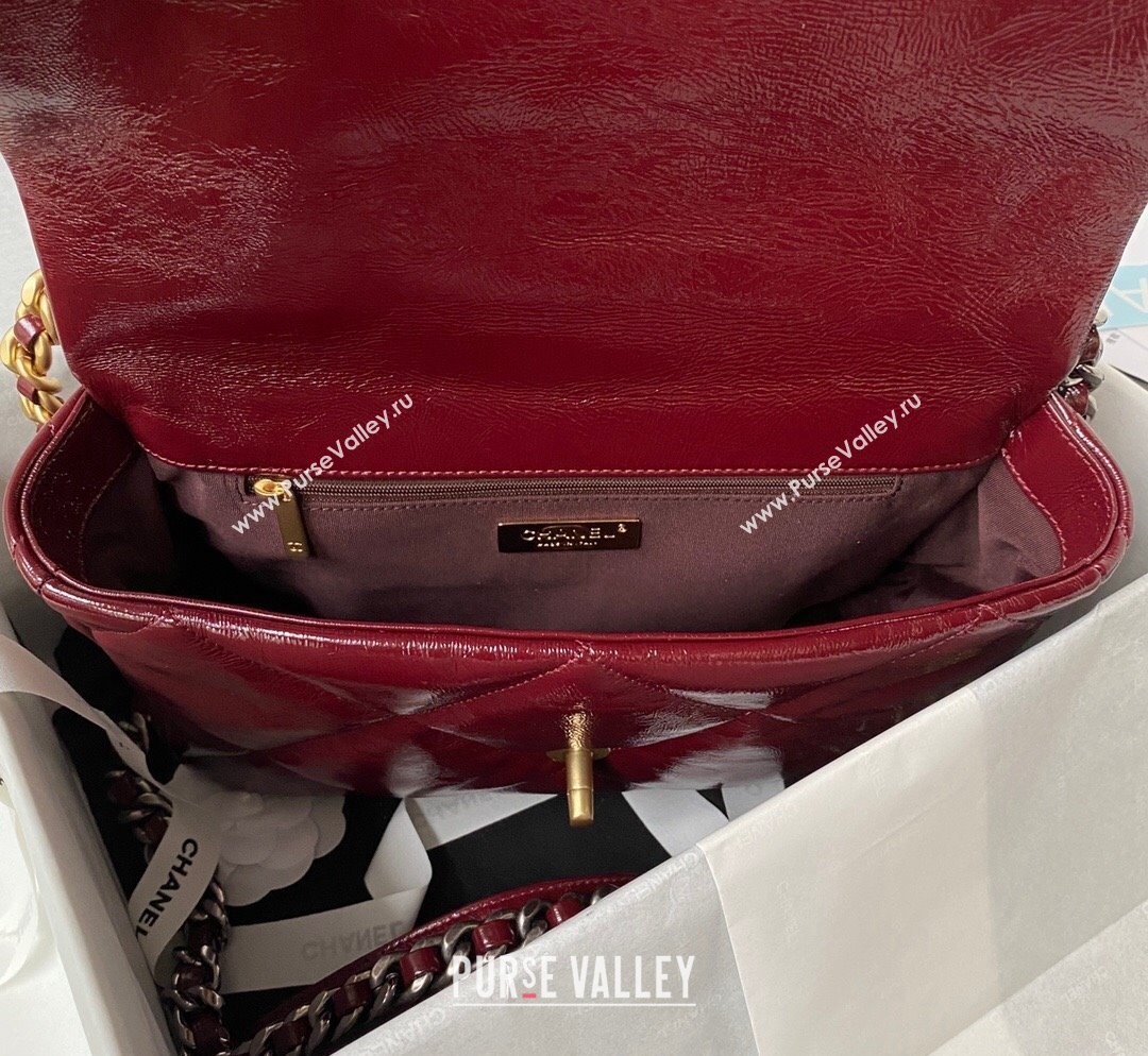 Chanel 19 Shiny Crinkle Calfskin Large Flap Bag AS1161 Burgundy 2023 (yezi-231031008)