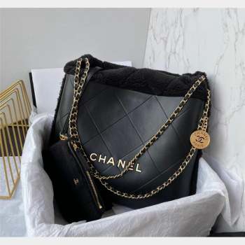 Chanel 22 Small Shopping Bag in Calfskin and Wool Black AS3260 2023 (yezi-231031020)