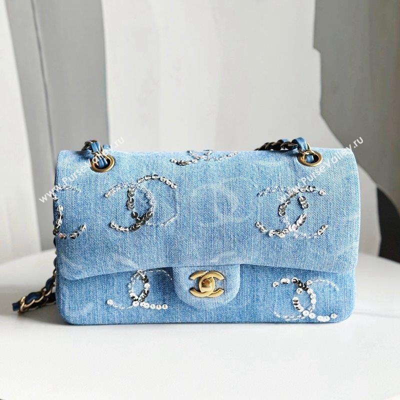 Chanel Classic Medium Flap Bag in Sequins Embroidered Denim A01112 Light Blue 2023 (yezi-231031021)