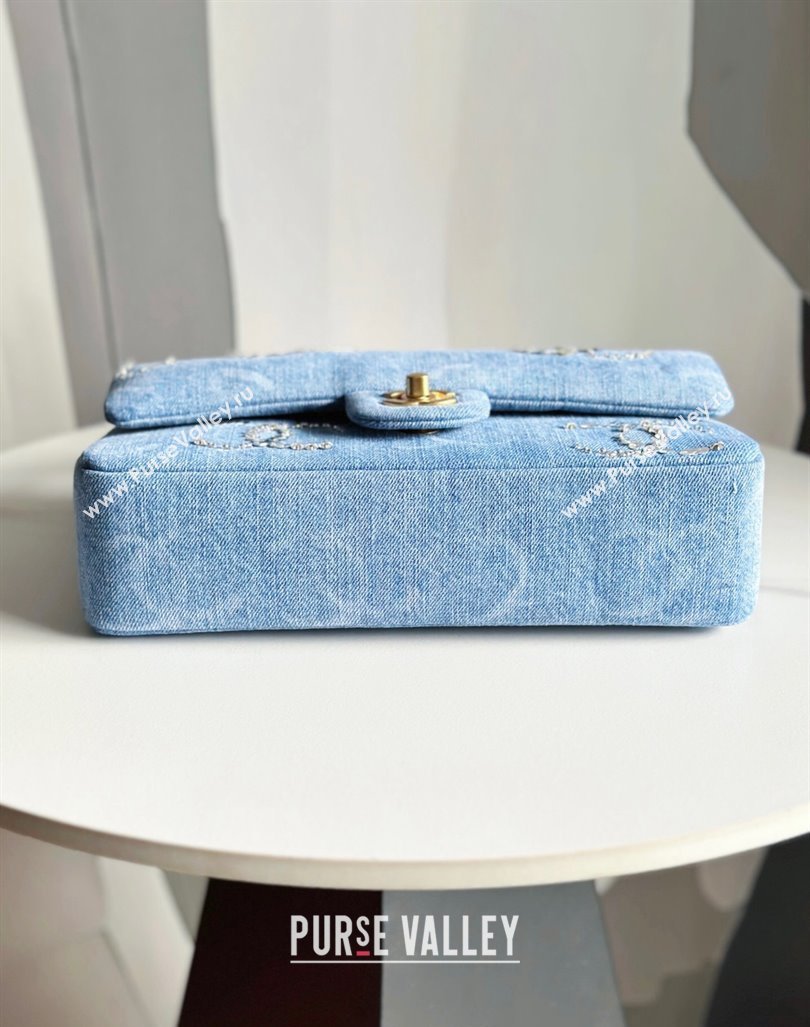 Chanel Classic Medium Flap Bag in Sequins Embroidered Denim A01112 Light Blue 2023 (yezi-231031021)