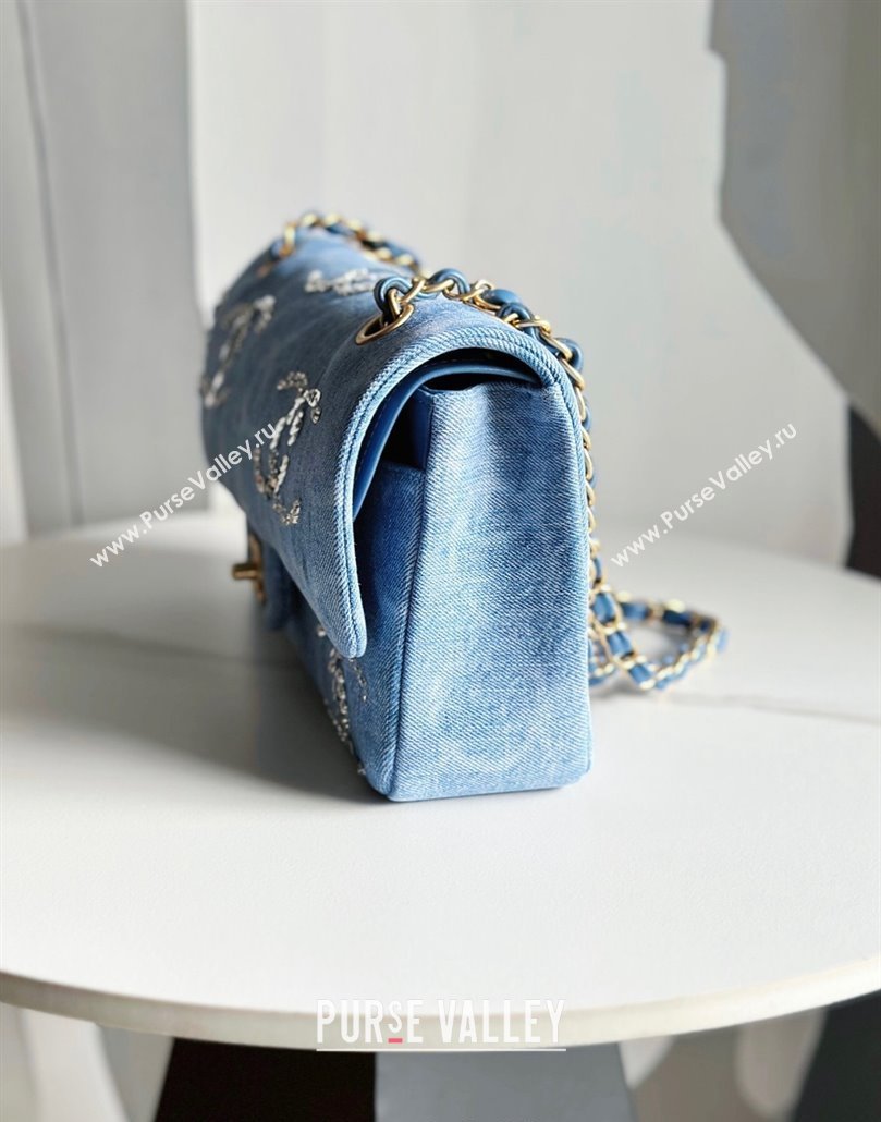 Chanel Classic Medium Flap Bag in Sequins Embroidered Denim A01112 Light Blue 2023 (yezi-231031021)