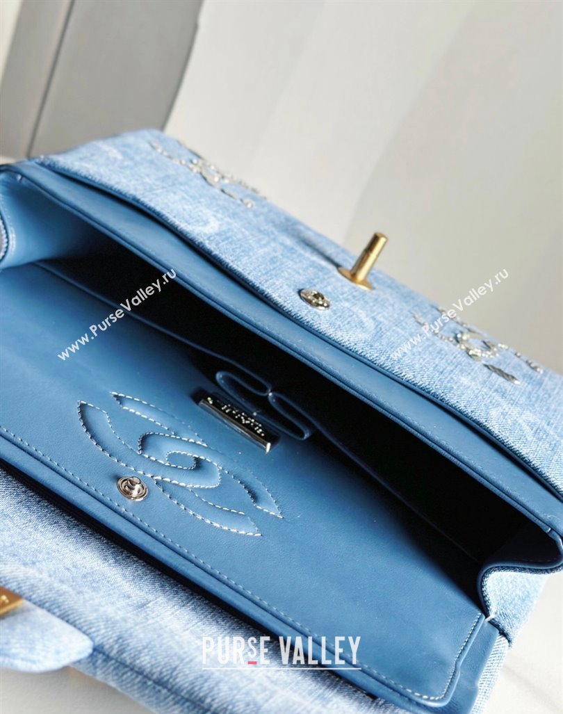 Chanel Classic Medium Flap Bag in Sequins Embroidered Denim A01112 Light Blue 2023 (yezi-231031021)