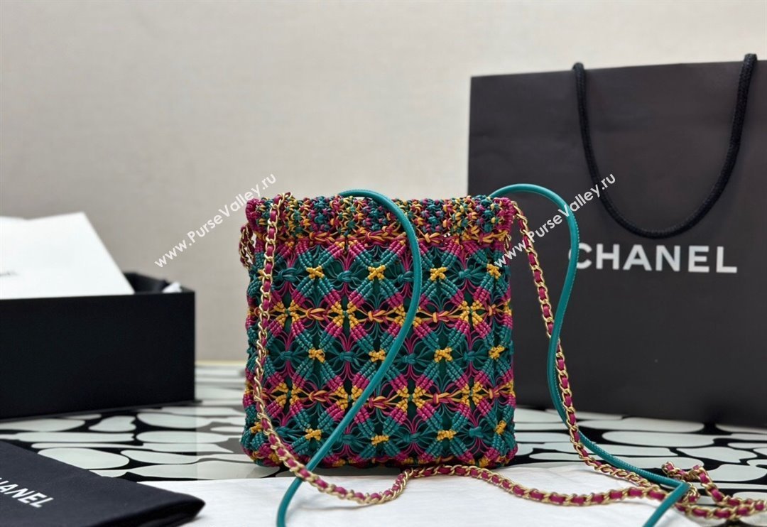 Chanel 22 Calfskin Macrame Mini Shopping Bag AS3980 Dark Green/Dark Pink/Yellow 2023 (yezi-231031001)