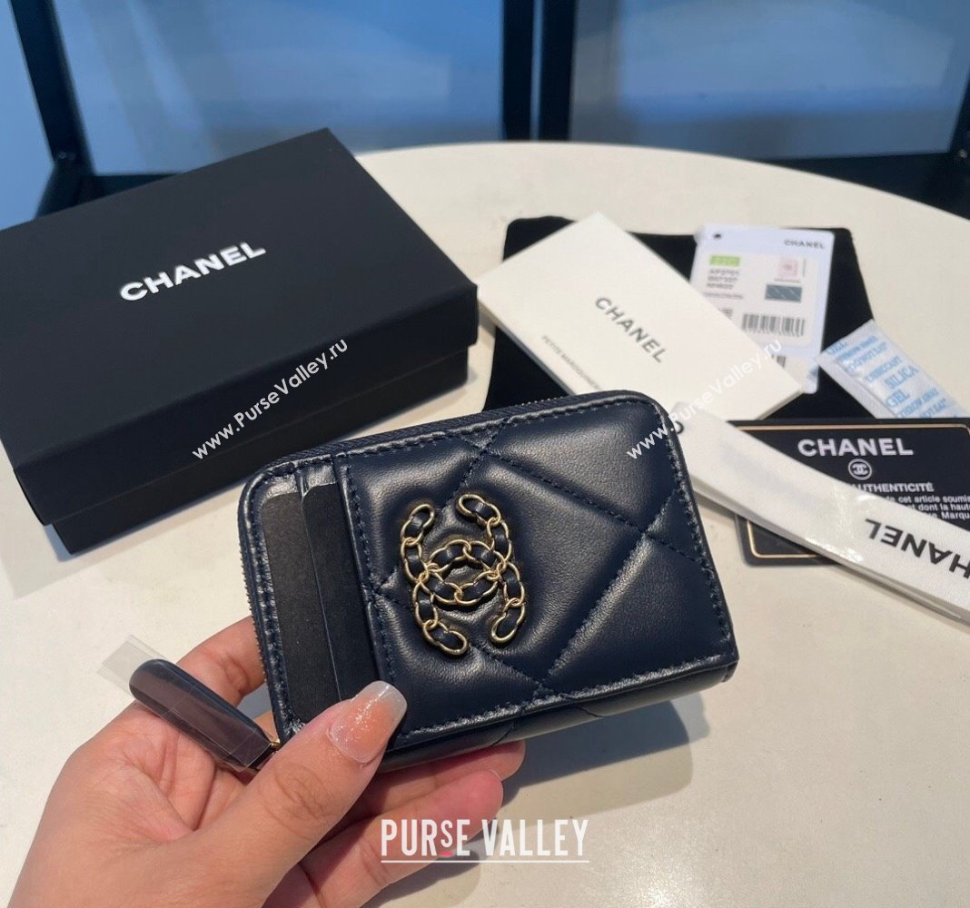 Chanel 19 Shiny Lambskin Card Holder Wallet Dark Blue 2023 AP2701 (yezi-231111012)