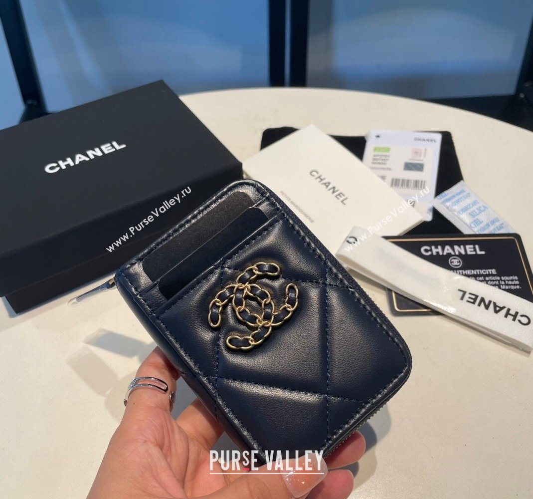 Chanel 19 Shiny Lambskin Card Holder Wallet Dark Blue 2023 AP2701 (yezi-231111012)