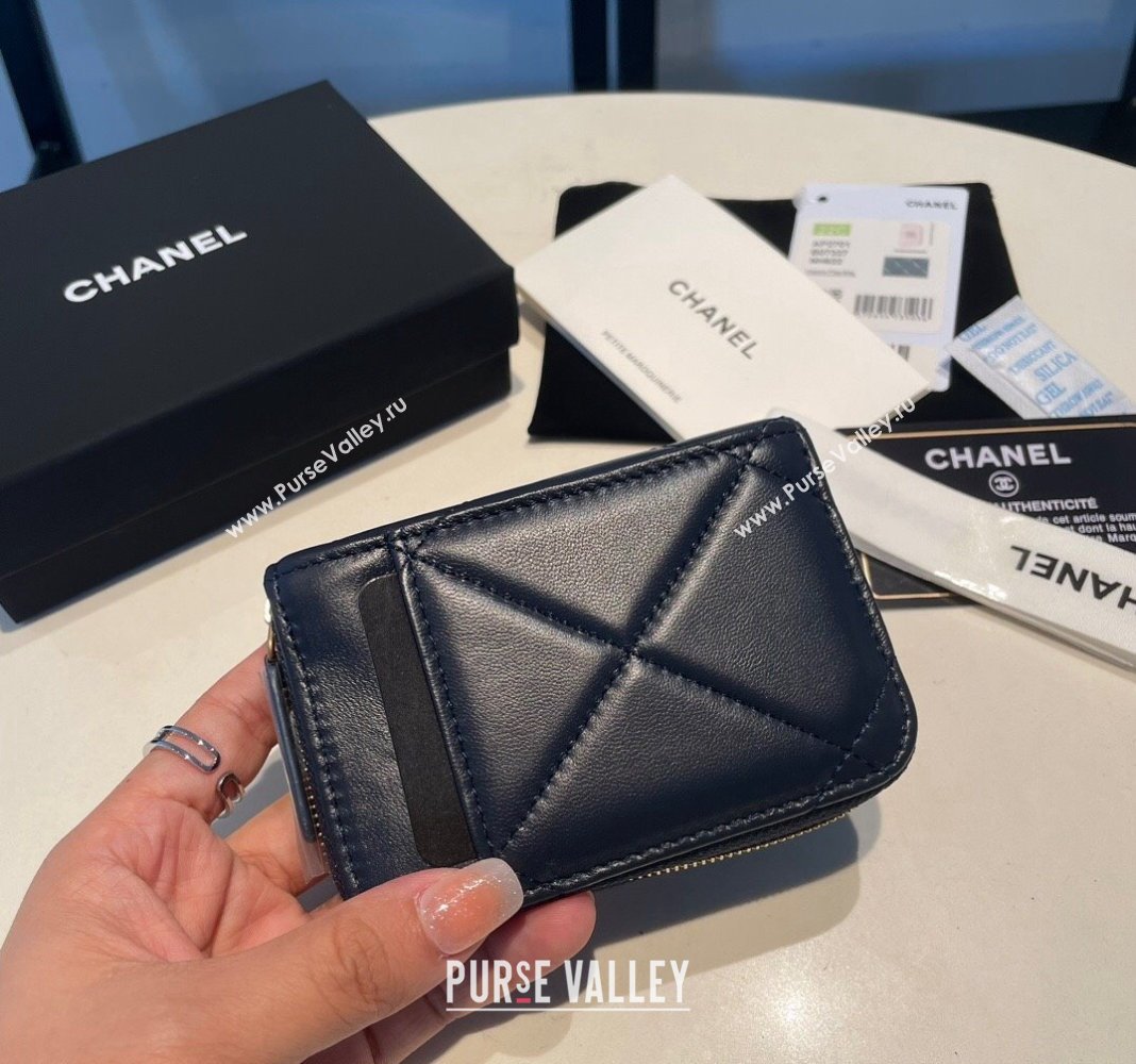 Chanel 19 Shiny Lambskin Card Holder Wallet Dark Blue 2023 AP2701 (yezi-231111012)