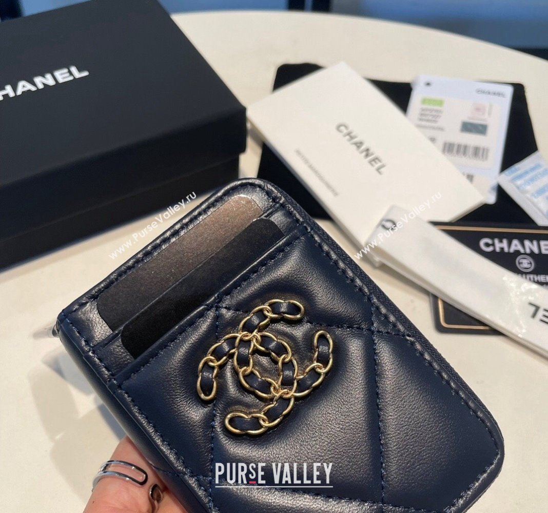 Chanel 19 Shiny Lambskin Card Holder Wallet Dark Blue 2023 AP2701 (yezi-231111012)