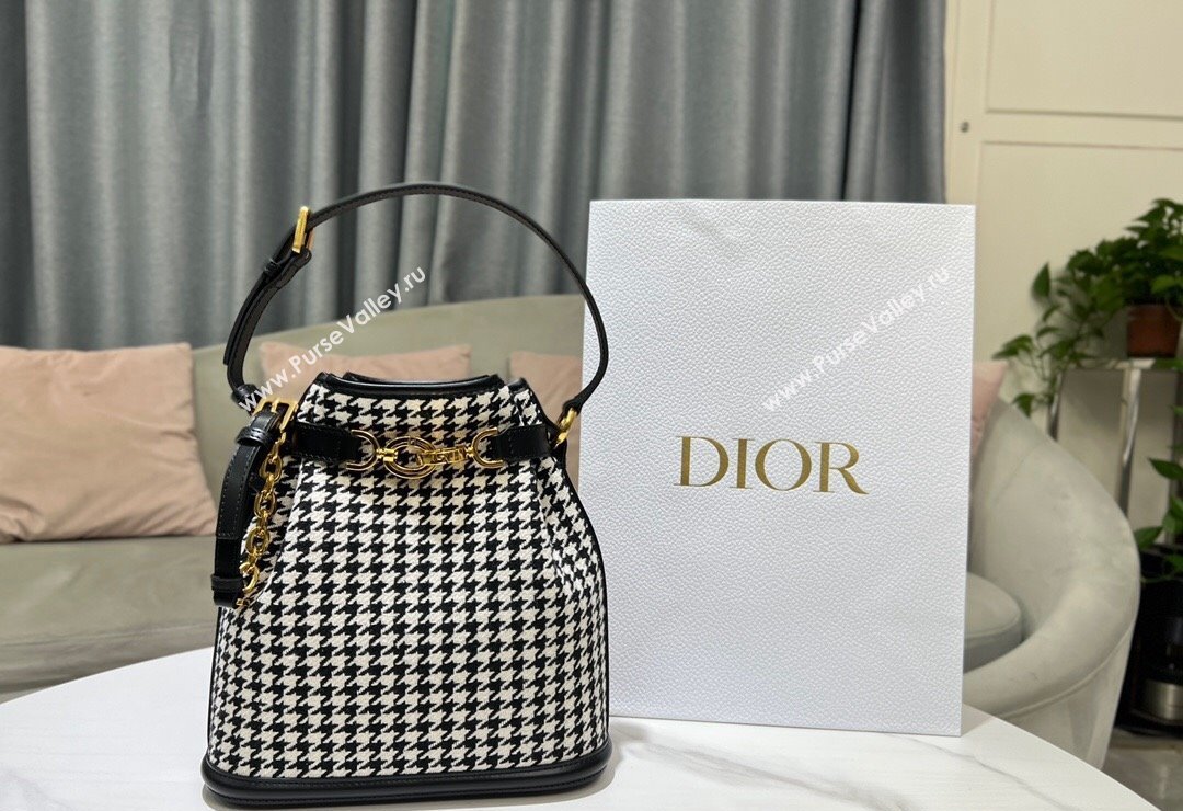 Dior Medium CEST Bucket Bag in Black and White Houndstooth Embroidery 2023 2271 (BF-231115012)