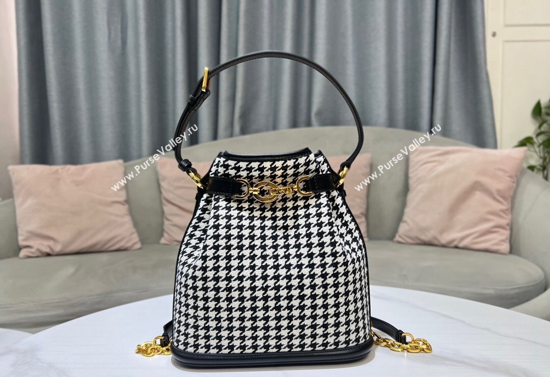 Dior Medium CEST Bucket Bag in Black and White Houndstooth Embroidery 2023 2271 (BF-231115012)