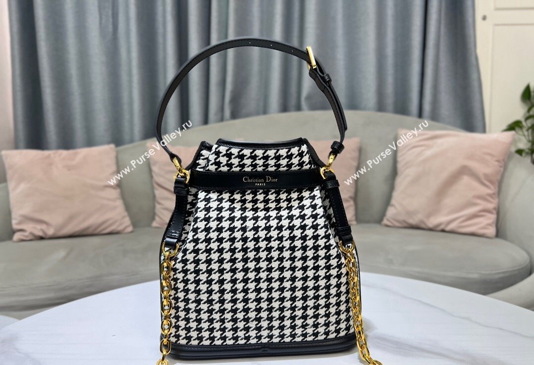Dior Medium CEST Bucket Bag in Black and White Houndstooth Embroidery 2023 2271 (BF-231115012)