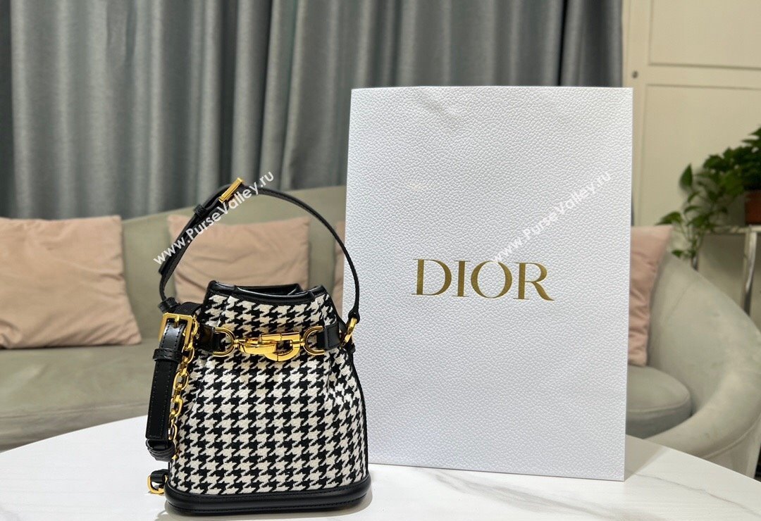 Dior Small CEST Bucket Bag in Black and White Houndstooth Embroidery 2023 2272 (BF-231115013)