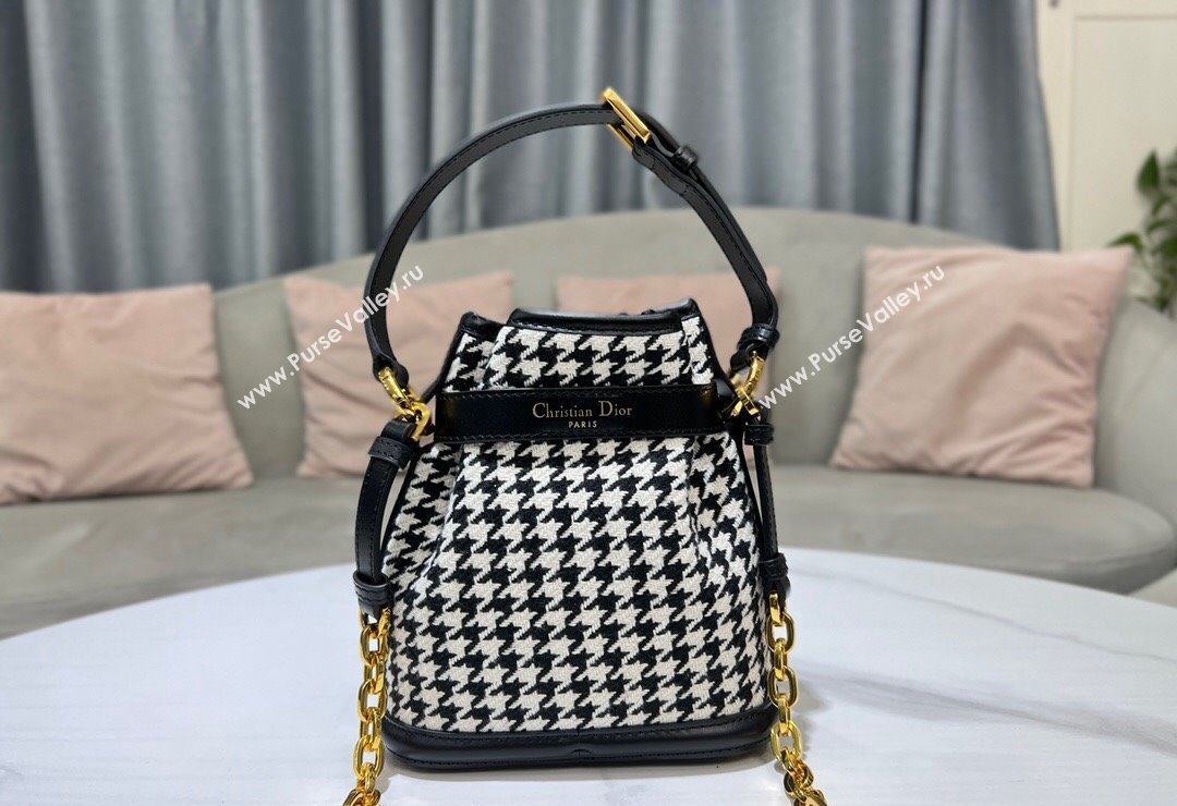 Dior Small CEST Bucket Bag in Black and White Houndstooth Embroidery 2023 2272 (BF-231115013)