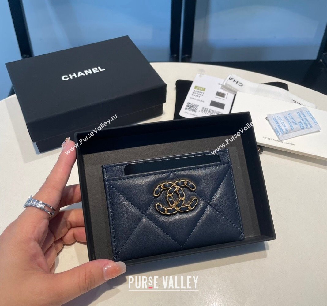 Chanel 19 Shiny Lambskin Card Holder Dark Blue 2023 AP0941 (yezi-231111030)