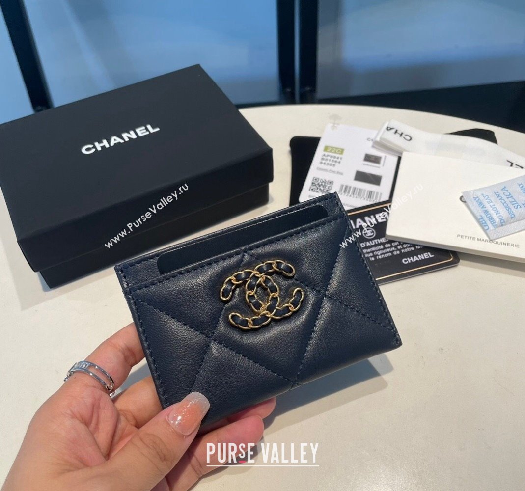 Chanel 19 Shiny Lambskin Card Holder Dark Blue 2023 AP0941 (yezi-231111030)