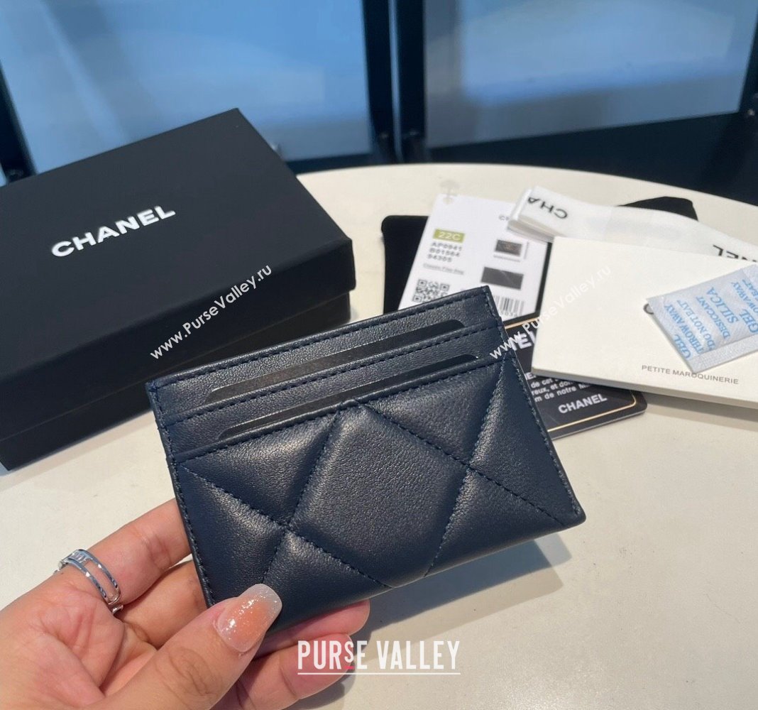 Chanel 19 Shiny Lambskin Card Holder Dark Blue 2023 AP0941 (yezi-231111030)