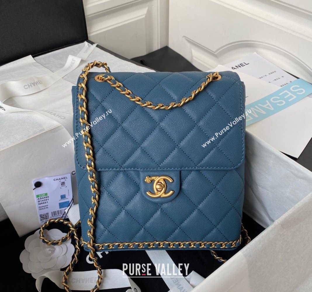 Chanel Grained Calfskin Backpack Bag with Chain AS4490 Blue 2023 (yezi-231111074)