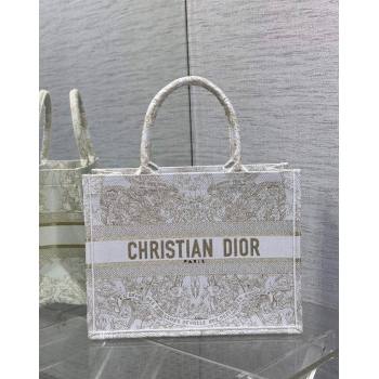 Dior Medium Book Tote Bag in Gold-Tone and White Butterfly Around The World Embroidery 2023 (BF-231129063)